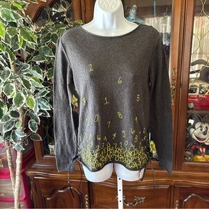 Lisa Todd Count Me In Embroidered Numbers Gray Sweater Pullover Cotton Cashmere